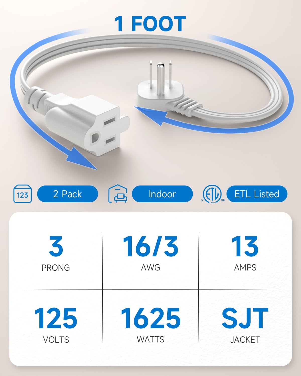 Flat Plug Short Extension Cord 1Ft White Low Profile Adapter 3 Prong Indoor Small Grounded Power Cable Outlet Saver 16AWG 13A 1625W 2 Pack