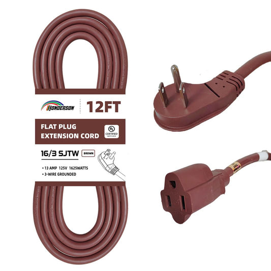 HONDERSON Flat Plug Indoor Extension Cord, UL Listed, 16 Gauge 12FT Brown 3 Prong Heavy Duty, 16/3 SJTW 13A Power Cord for Lights, Appliances, Home