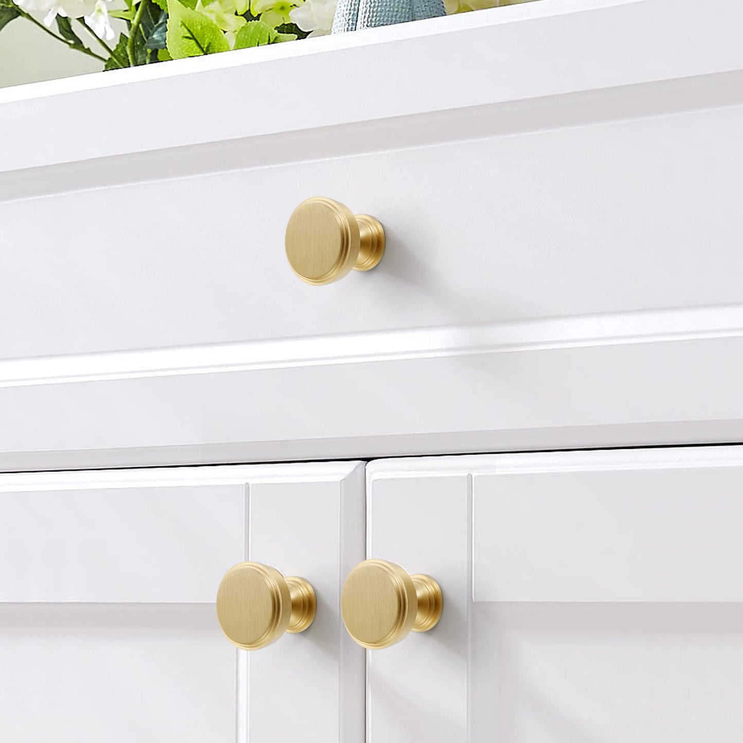 KOPPALIVE 2-Pack Solid Brass Kitchen Cabinet Knobs, Modern Gold Drawer Knobs for Dresser, Round Step Cabinet Knobs Pulls, Brushed Finish, Diameter 1-11/64 Inches