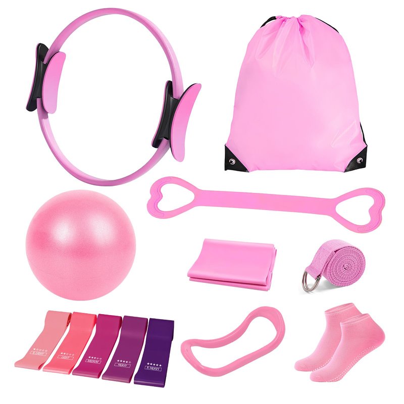 Janhemei Pilates Kit for Women, Pilates Equipment with 13'' Magic Circle, Pilates Ring and Ball Set with 5 Strength Bands, Hip Thrust Belt, Compact Workout Set at Home