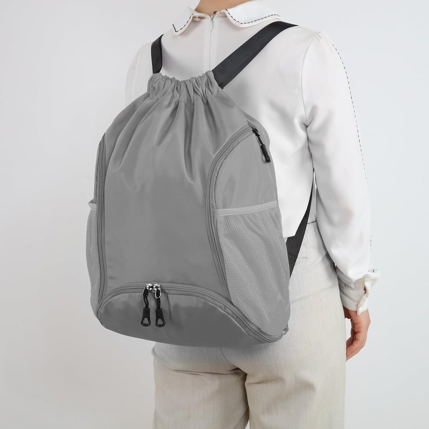Valleycomfy Sports Gym Bag - Drawstring Backpack with Shoe Compartment & Two Water Bottle Holders | Grey