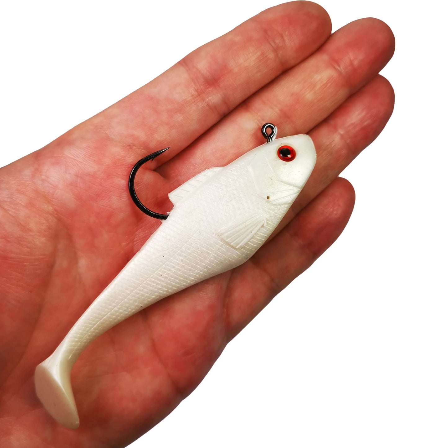 DMSHARK Pre-Rigged Jig Head Paddle Tail Fishing Lures Swim Shad 3PCS 4" 1oz Soft Plastic Swimbait for Freshwater and Saltwater (Pearl RED Eye)