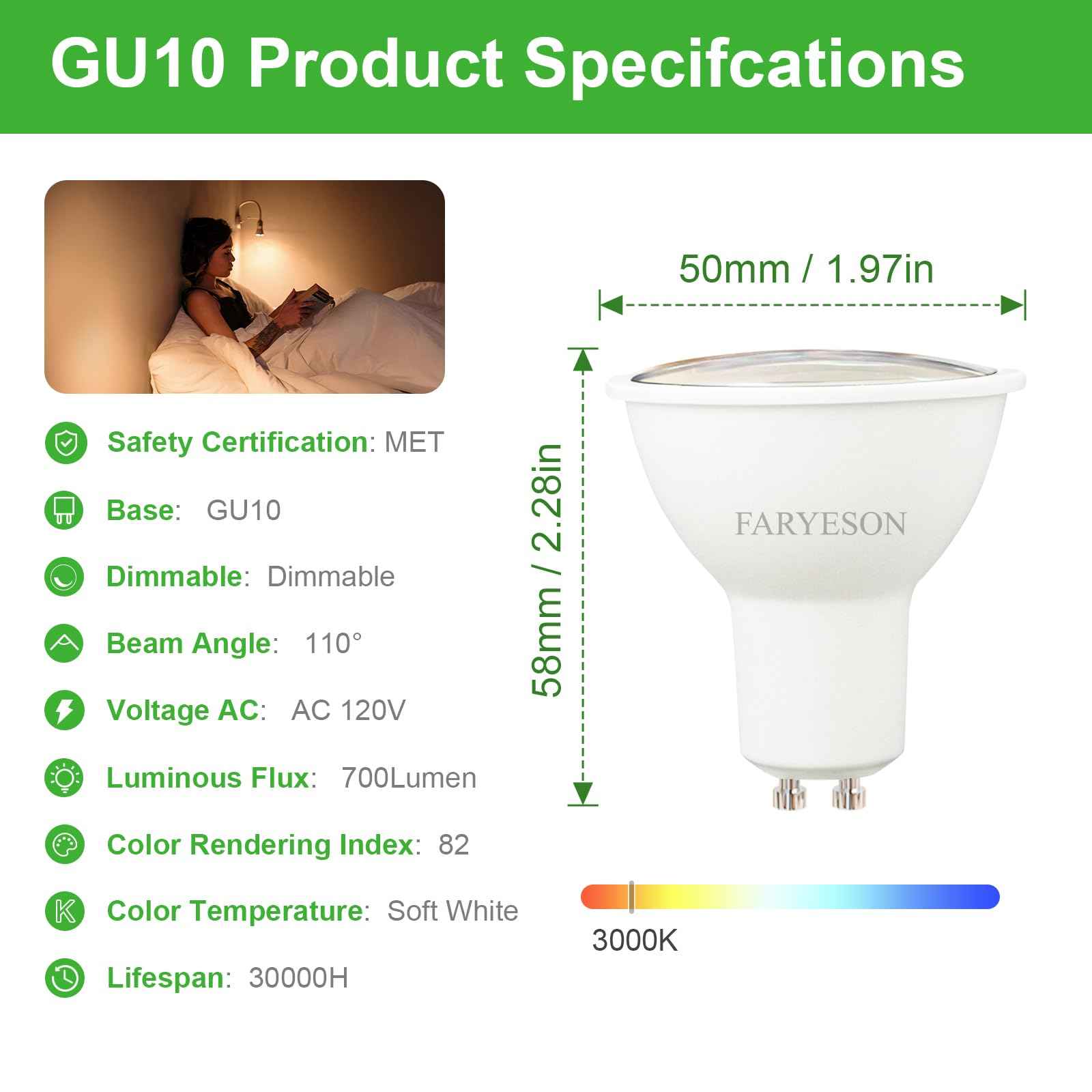 faryeson Dimmable GU10 LED Light Bulbs - 5W Energy-Efficient, 700 Lumens Soft White (3000K), 110° Flood Beam, Ideal Replacement for Halogen Bulb in Recessed & Track Lighting, 6-Pack