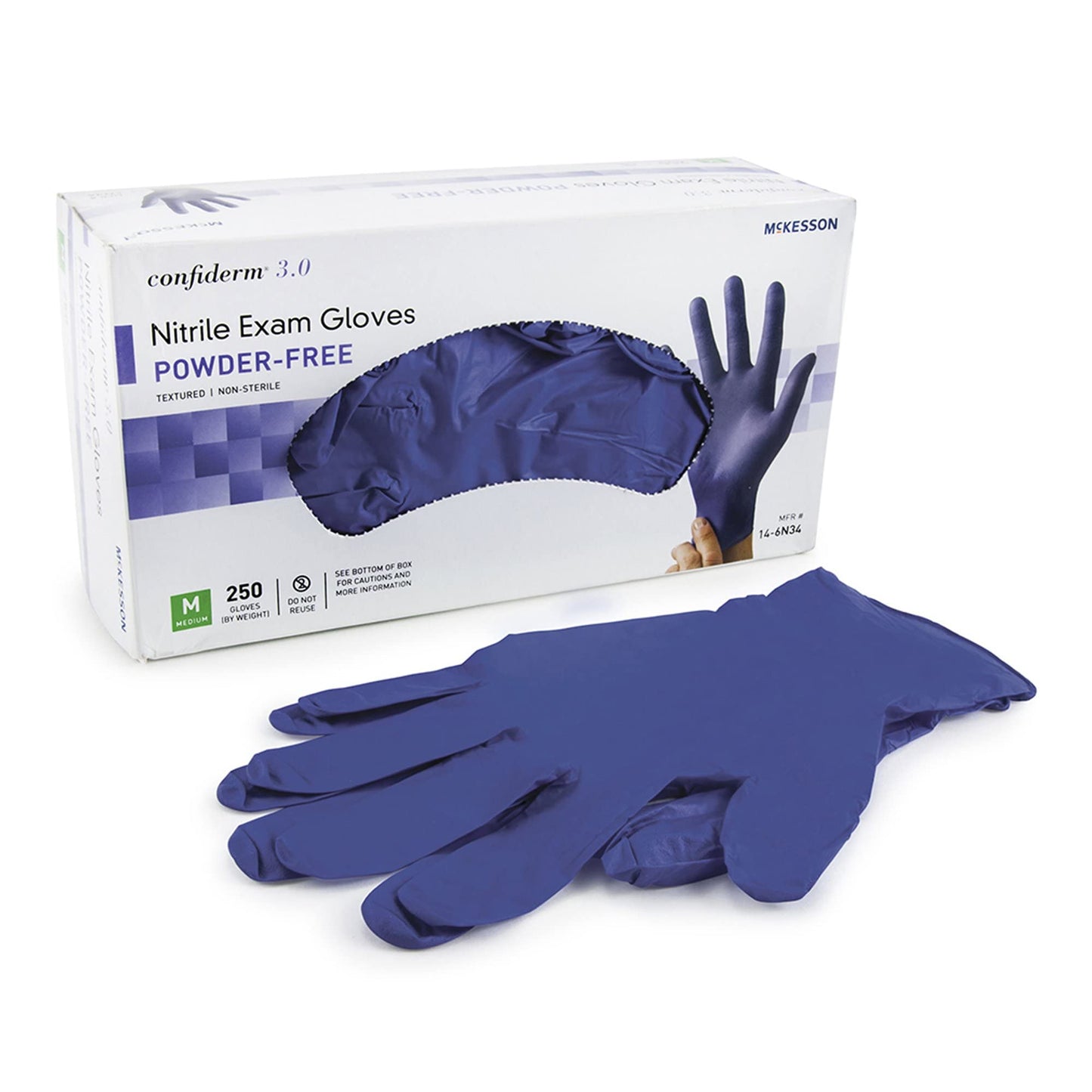 McKesson Confiderm 3.0 Nitrile Exam Gloves - Powder-Free, Latex-Free, Ambidextrous, Textured Fingertips, Non-Sterile - Dark Blue, Size Medium, 250 Count, 1 Box