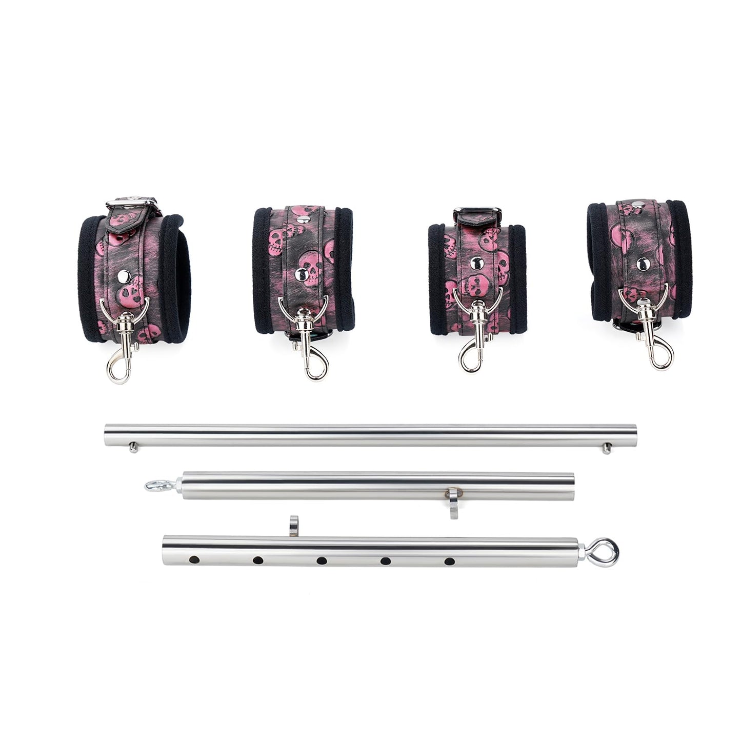 Spreader Bar Heavy Duty Stainless Steel Expandable Home Gym with 4pcs Furry Purple Adjustable Strap,Sports Aid Training Fitness Gear Pilates Aid Kit,Yoga Set (Silver+Black-Pink PU Kit)