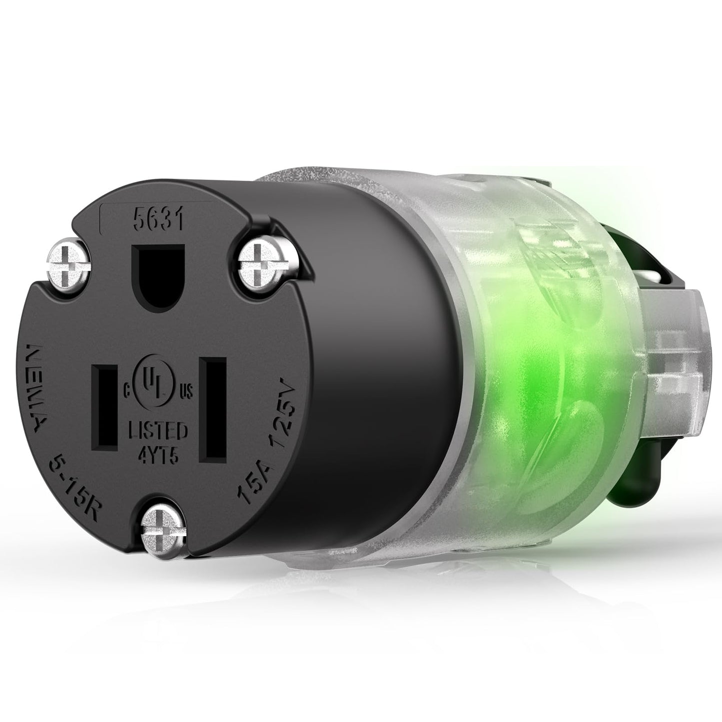 ELEGRP Lighted Straight Blade Connectors, 15 Amp 125 Volt NEMA 5-15R 2 Pole 3 Wire Grounding Electrical Plug Replacement Cord Outlet, Commercial Grade, Black, 1 Pack