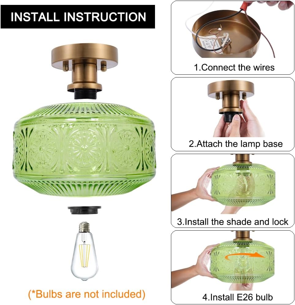 Vintage Semi Flush Mount Ceiling Light Fixture - Brass & Thickened Glass for Hallway, Entryway, Bedroom, Bathroom