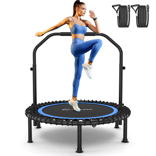 ANCHEER 40" Foldable Rebounder Trampoline for Adults/Kids with Resistance Bands and Bungees, Fitness Home, Indoor & Outdoor Mini Trampoline with Bar and Safety Padding - Max Load 330lbs (Blue)