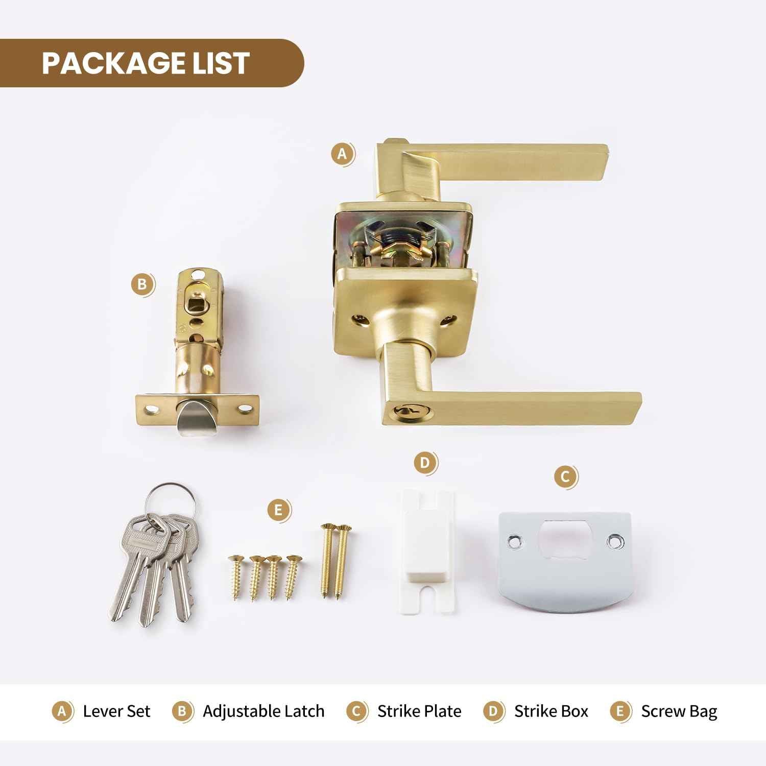 5 Pack Door Knobs Interior, Bedroom Locking Door Knob, Satin Brass Entry Door Handles, Gold Door Lever Same Key, Reversible for Left Right Sided Doors