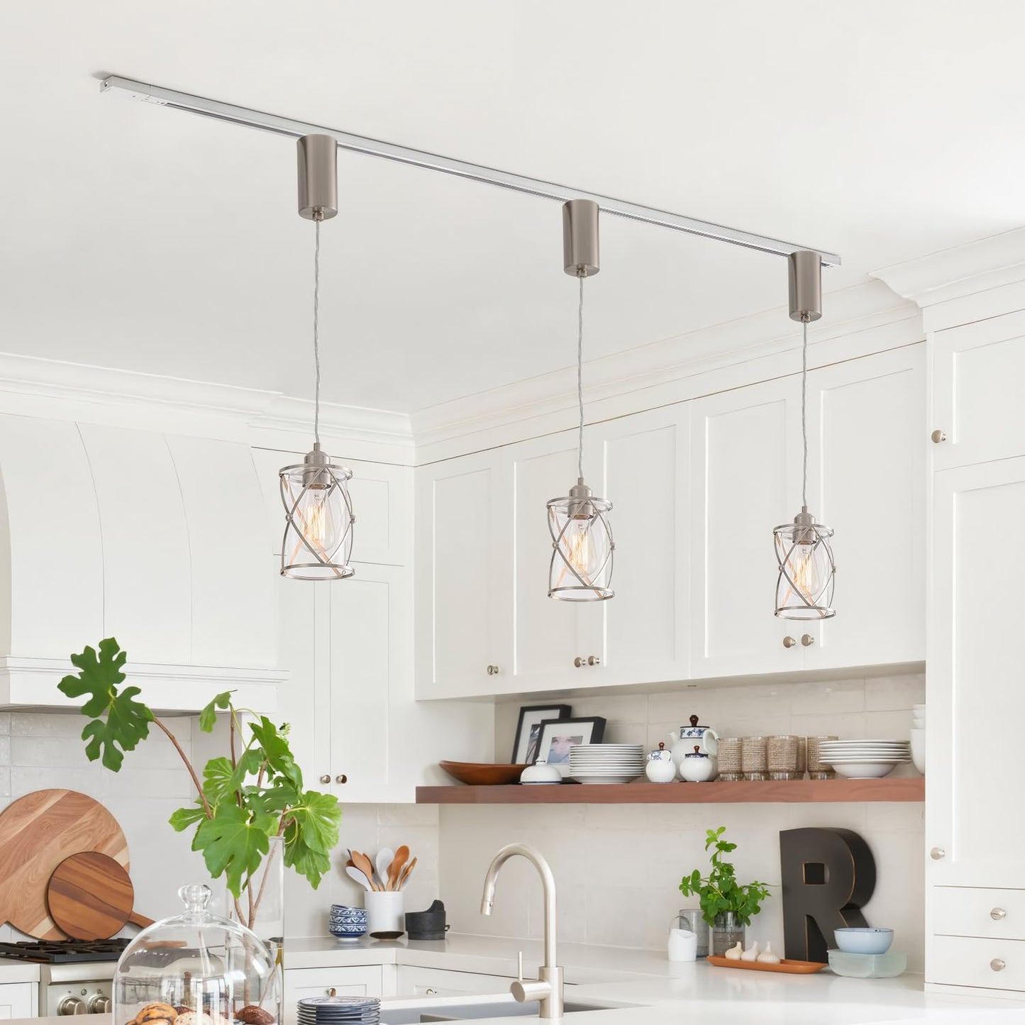 mirrea H-Type Brushed Nickel Track Lighting Pendant with Dotted Cage Clear Glass, Adjustable Hanging Light, E26 Socket, Pack of 3