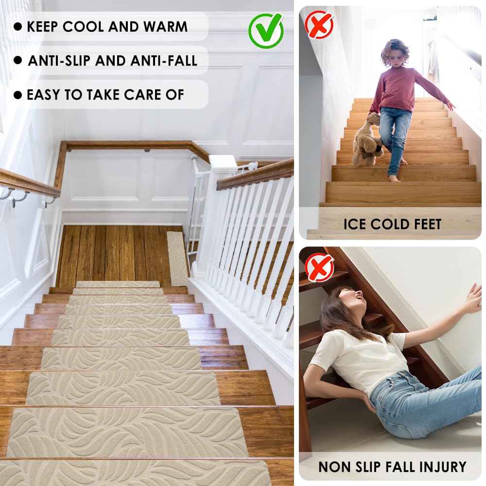 8" X 30" Stair Treads for for Wooden Steps,Non-Slip Carpet Step Treads Step Covers(15-Pack),Safety Rug Stair Tread Covers Indoor Stair Mats for Elders, Kids and Dogs (Leaf-Beige)