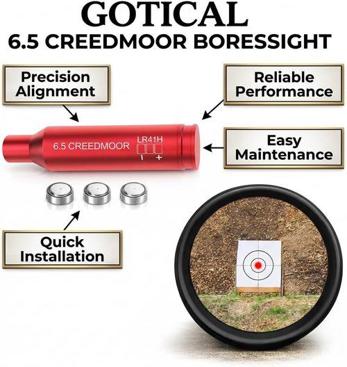Gotical Red Laser Bore Sighter - Compatible with Creedmoor 6.5 Cartridge | Anodized Red, Battery Included