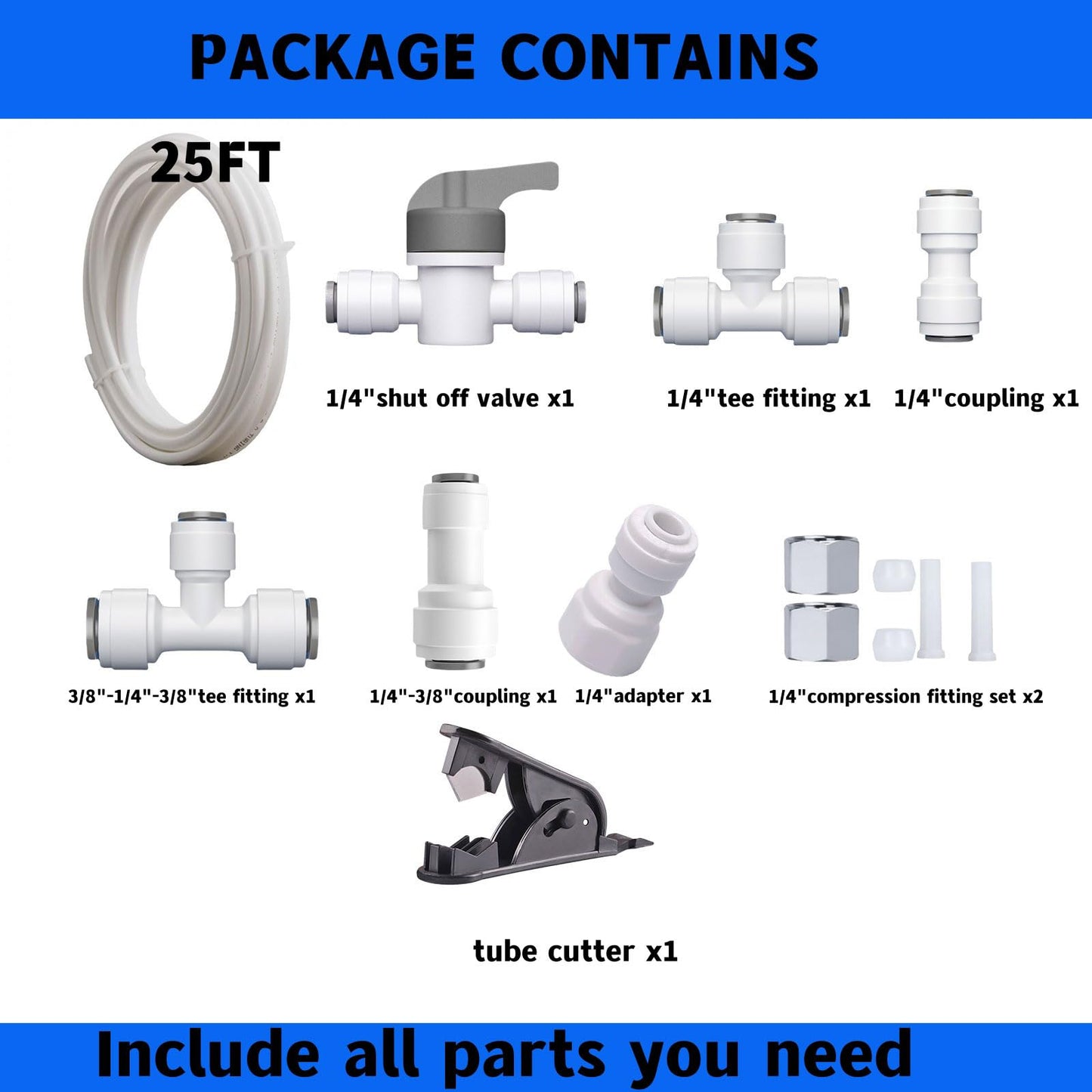 Refrigerator Water Line Kit Connection and 1/4 Compression Ice Maker Installation Kit，25FT 1/4In O.D.Water Line with Quick Fittings, for Adding a branch waterway on RO System（White)