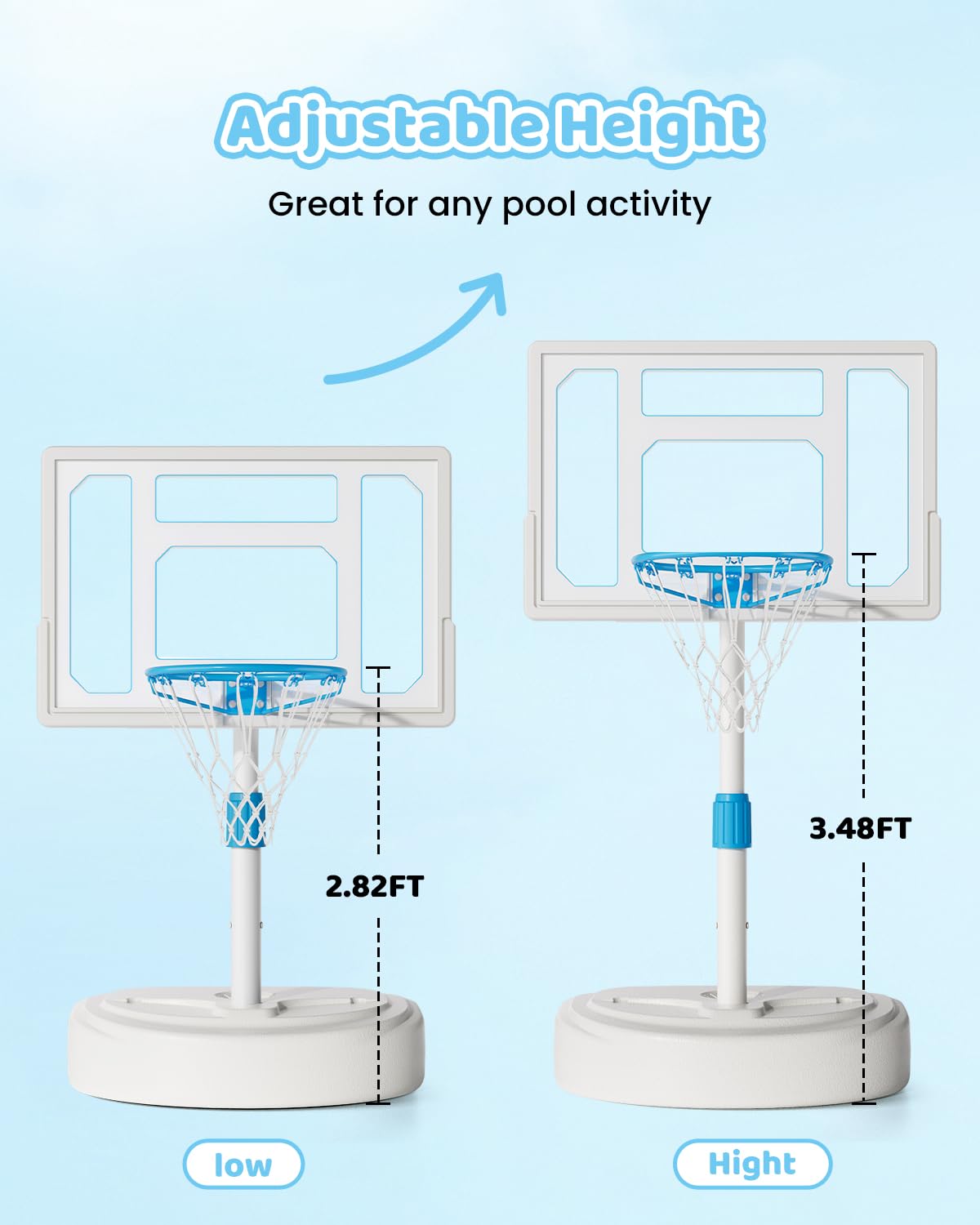 Swimming Pool Basketball Hoop, Stainless Steel Adjustable Poolside Basketball Goals System with 32 Inch Shatterproof Backboard, 2 Balls & Pump Included