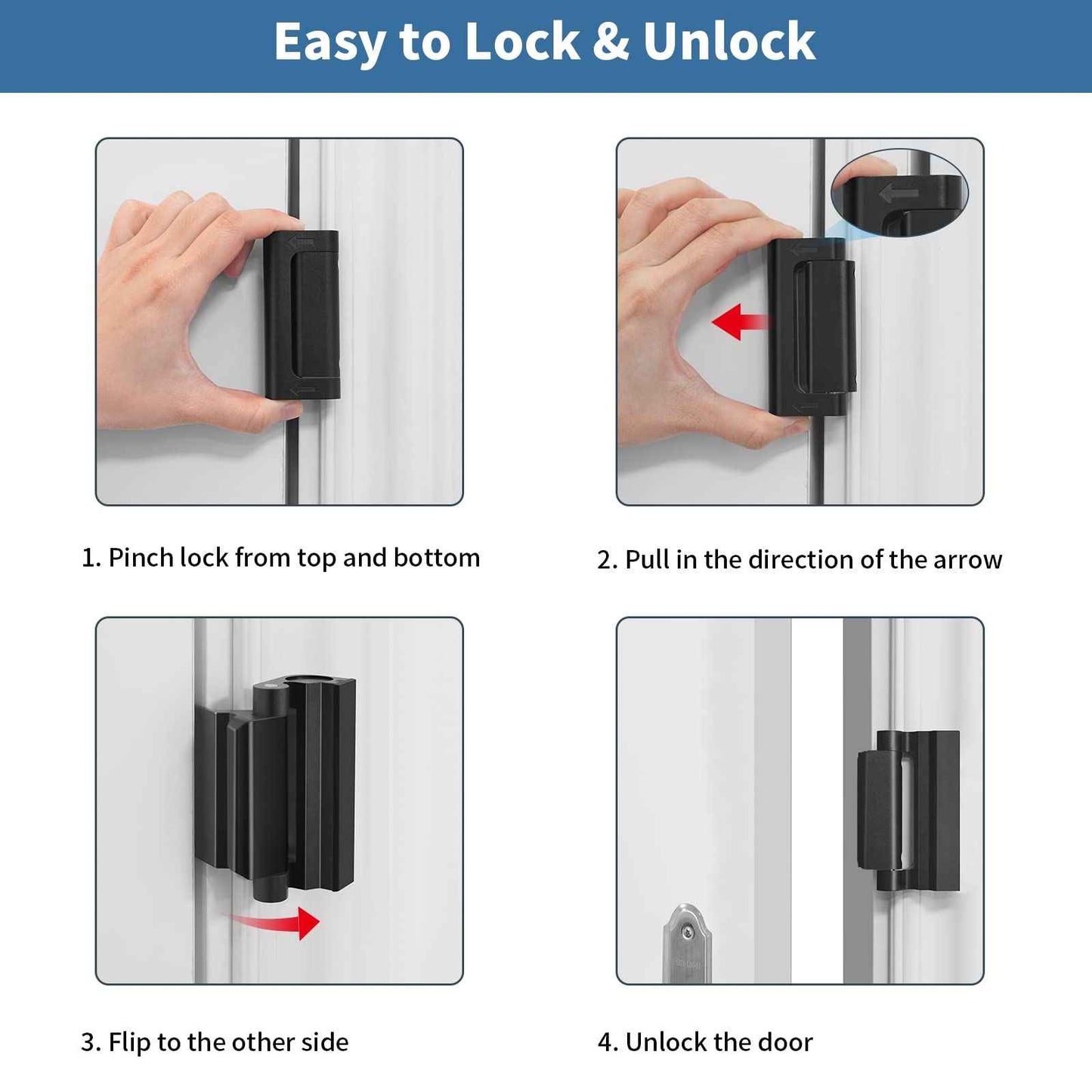 Home Security Door Reinforcement Lock Safety Latch Extra Front Doors Security Devices, Anti Door Kick in Safety Protector for Door Inside, Child Proof Aluminum Locks Black 2Pack