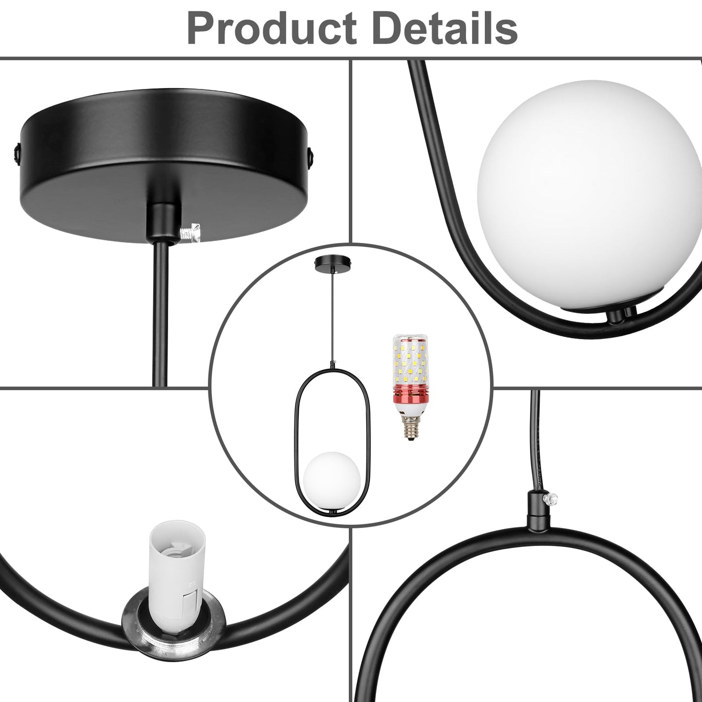 lobolighting Modern Pendant Lighting, 2 Pack Black Pendant Light Fixtures Adjustable Height Mid Century Chandelier, Frosted Glass Globe Single Hanging Light for Kitchen Island Dining Room Bedroom