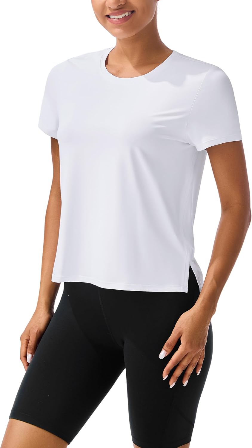 Skiennix Women's Ice Silk Athletic Tee - Short Sleeve, Loose Fit with Side Slits, Perfect for Workouts