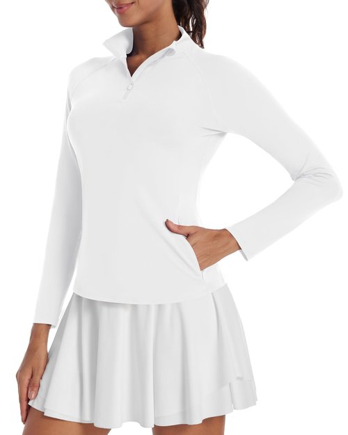 Runhit Womens Long Sleeve Shirts Athletic Workout Tops Quarter Zip Pullover Sun Protection for Running Gym Golf Hiking (Medium, White)