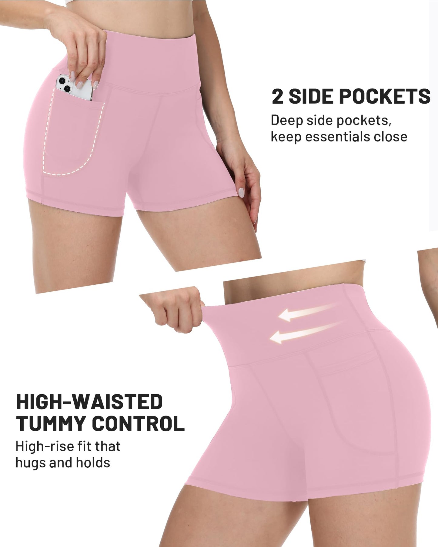 Runhit Bike Shorts with Pockets Women - 3'' High Waisted Volleyball Workout Gym Spandex Quick Dry Tummy Control Shorts Pink