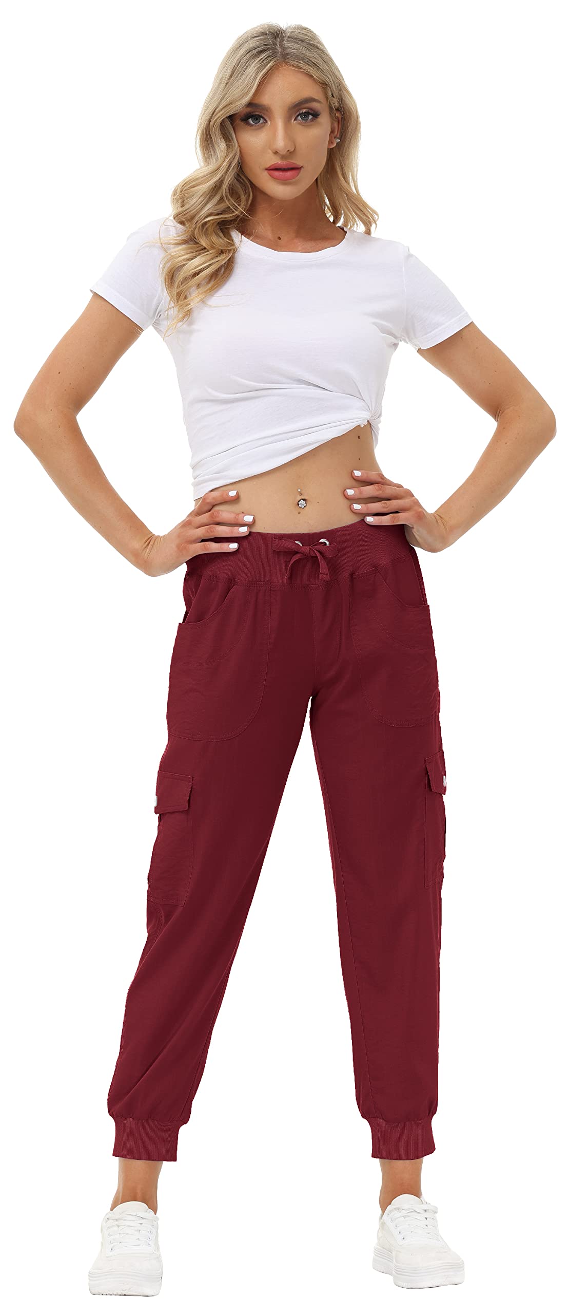 MoFiz Hiking Cargo Pants for Women with Pockets Lightweight Quick Dry Athletic Outdoor Summer Travel Casual Joggers Sweatpants Wine Red 2XL
