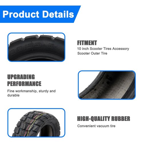 CMIYETO 90/55-6 Scooter Tire 10 inch Off Road Tire 10x3.0 Wider & Thicker Rubber Tubeless Tire Motorcycle Electric Scooter Tires Outer Tire Replace for 90/55-6 80/65-6 tyre Wheel Parts