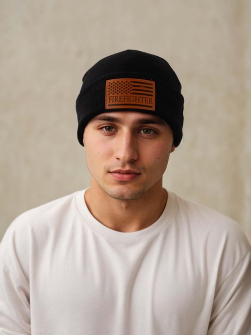Firefighter Beanie Hat Gifts for Men Leather Fire Fighter American Flag Patriotic Birthday Graduation Retirement Appreciation Gifts for Dad Husband Accessories Stuff Gear Tools