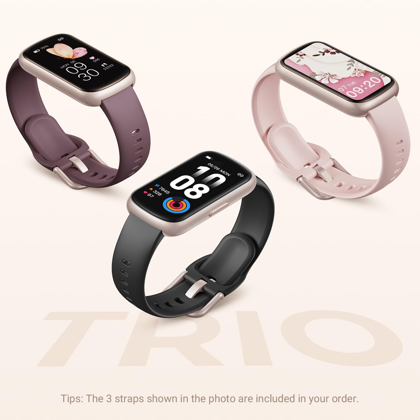 TIFOZEN Health Fitness Tracker Smart Watch with 24/7 Heart Rate, Blood Oxygen, Sleep Tracker, Pedometer, 3 Colorful Bands & 3ATM Waterproof Activity Tracker with Step Calorie Counter, Smoke Violet