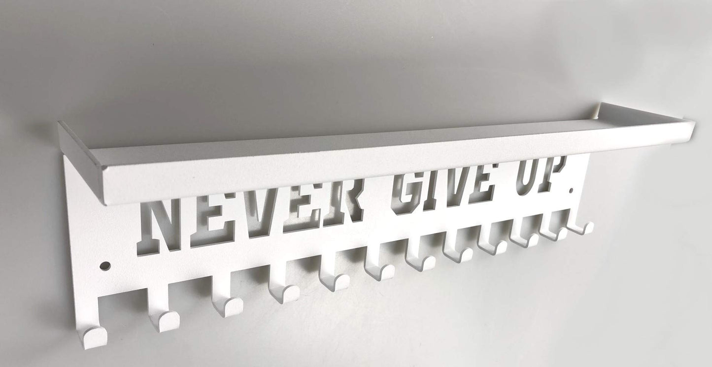 URBN BY MODERN HOME FINISHINGS Never Give Up Sports Awards Medal Hanger Display, 3" Trophy Shelf Medal Holder with Hooks, Easy Install Wall Shelf and Ribbon Holder White Wall Shelf