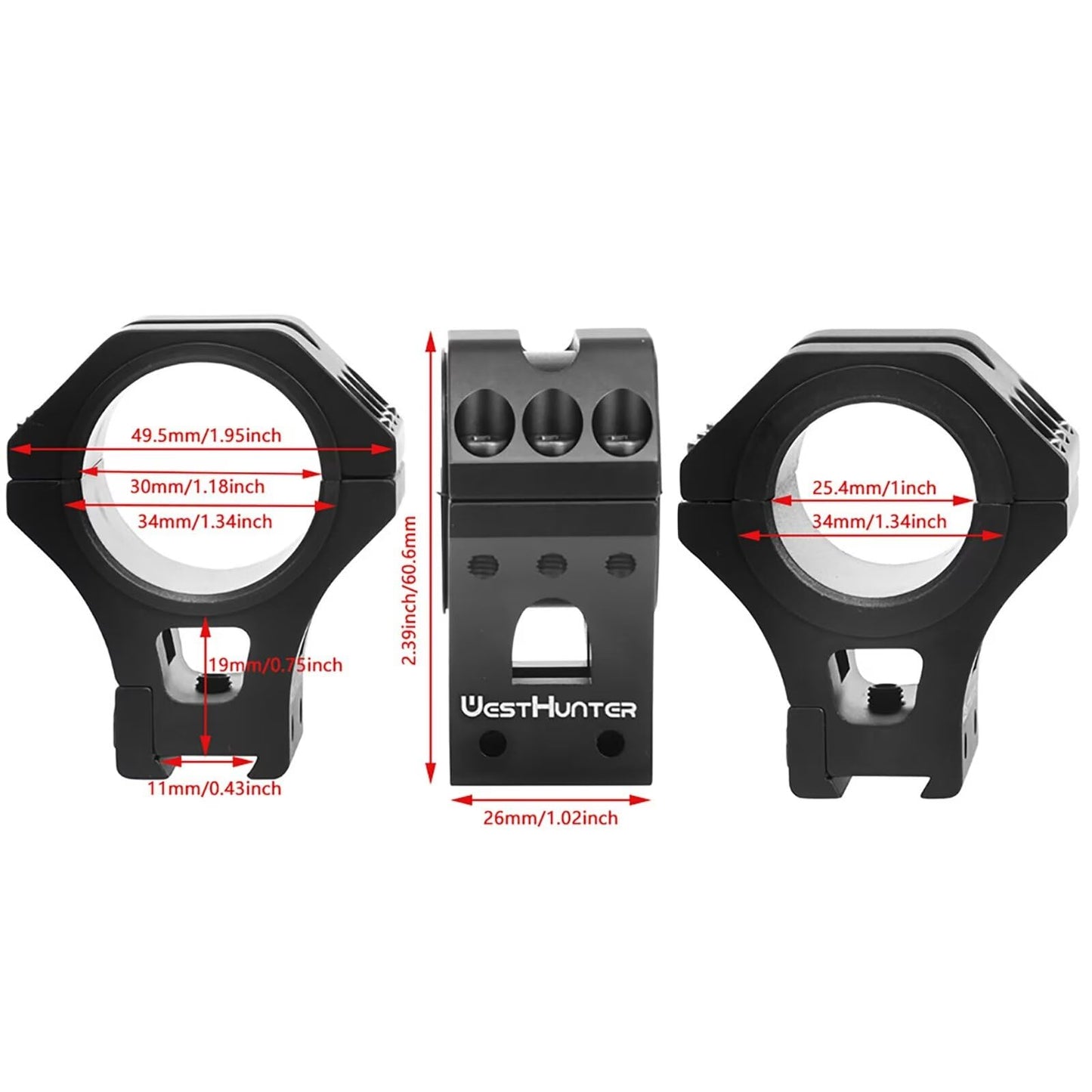 WestHunter Optics Precision 11 mm Dovetail Scope Rings, 1 Inch 30 mm 34 mm Tactical Scope Mount | Red