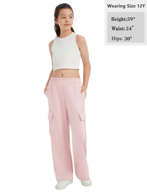 EXARUS 3 Pack Girls Cargo Sweatpants Baggy Swaet Pants for Girls Wide Leg High Waisted Elastic Waistband Causal Pant Daily Heather Black Gery Pink 12Y