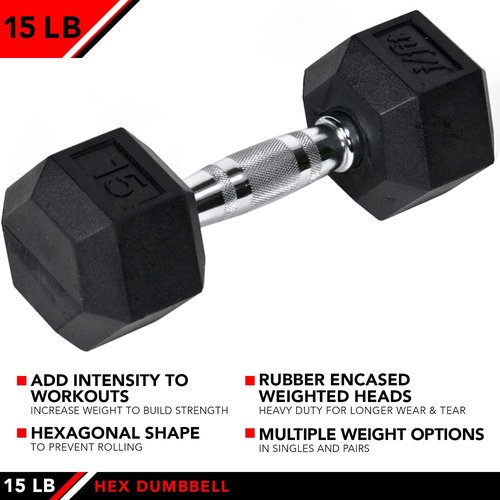 JFIT Rubber Hex Dumbbell - Durable Weight for Strength Training | 10 lb, 15 lb, 20 lb Options