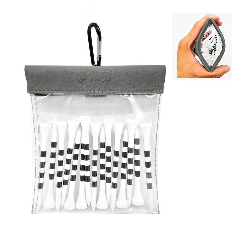VIVA EAGLE Golf Tee Pouch Bag Organizer with Clip, Transparent Squeeze Top Pocket for Golf Accessory and Valuable | 15 Bamboo Tees Included