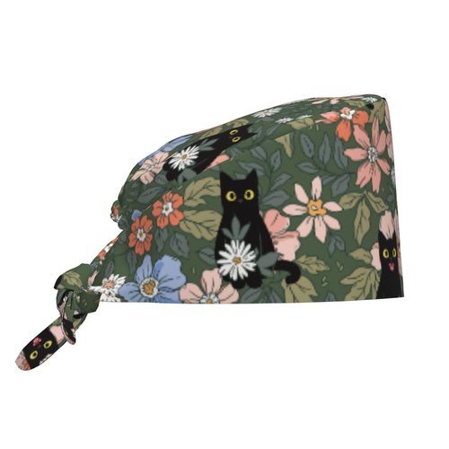 Floral Black Cat Working Cap, Scrub Cap with Sweatband, Adjustable Tie Back Hat Breathable Headgear for Women/Men