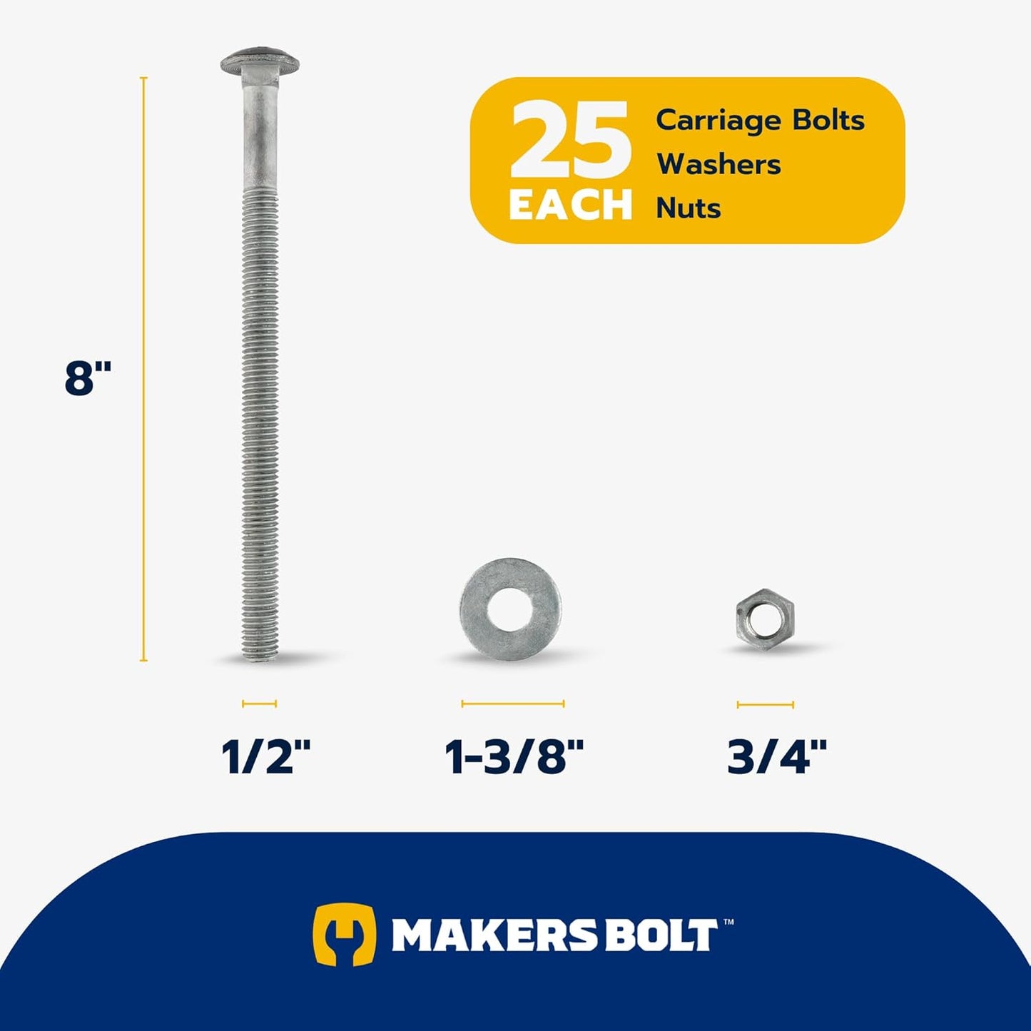 Galvanized Carriage Bolt Kit - 25 Pack 1/2" x 6" with Washers & Hex Nuts for Outdoor Use