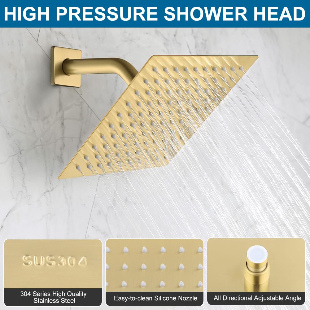 POP SANITARYWARE Shower Faucet Set Brushed Gold Bathroom Rainfall 8 Inch Shower Head System, Single Handle Shower Trim Kit with Rough-in Valve