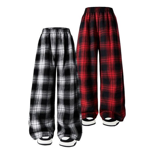 Nivne Tco 2pcs Tween Girls Pants Set Fashion Check Pattern Baggy Elastic Waist Wide Leg Plaid Sweatpants (US, Age, 12 Years, Black+Red)