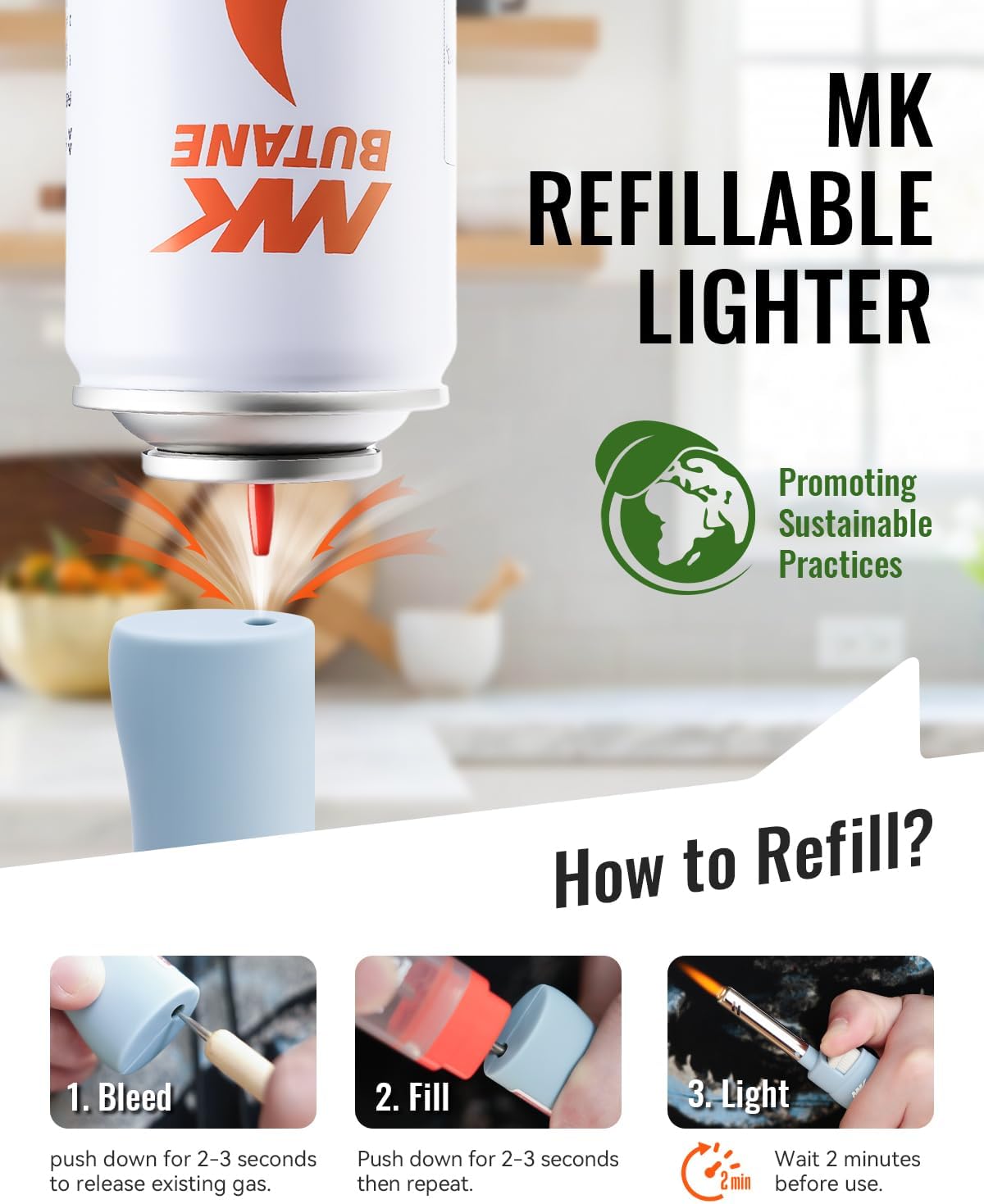 MK Candle Lighter - Butane Refillable Wind-Resistant Flame | 4-Pack for BBQ & Camping