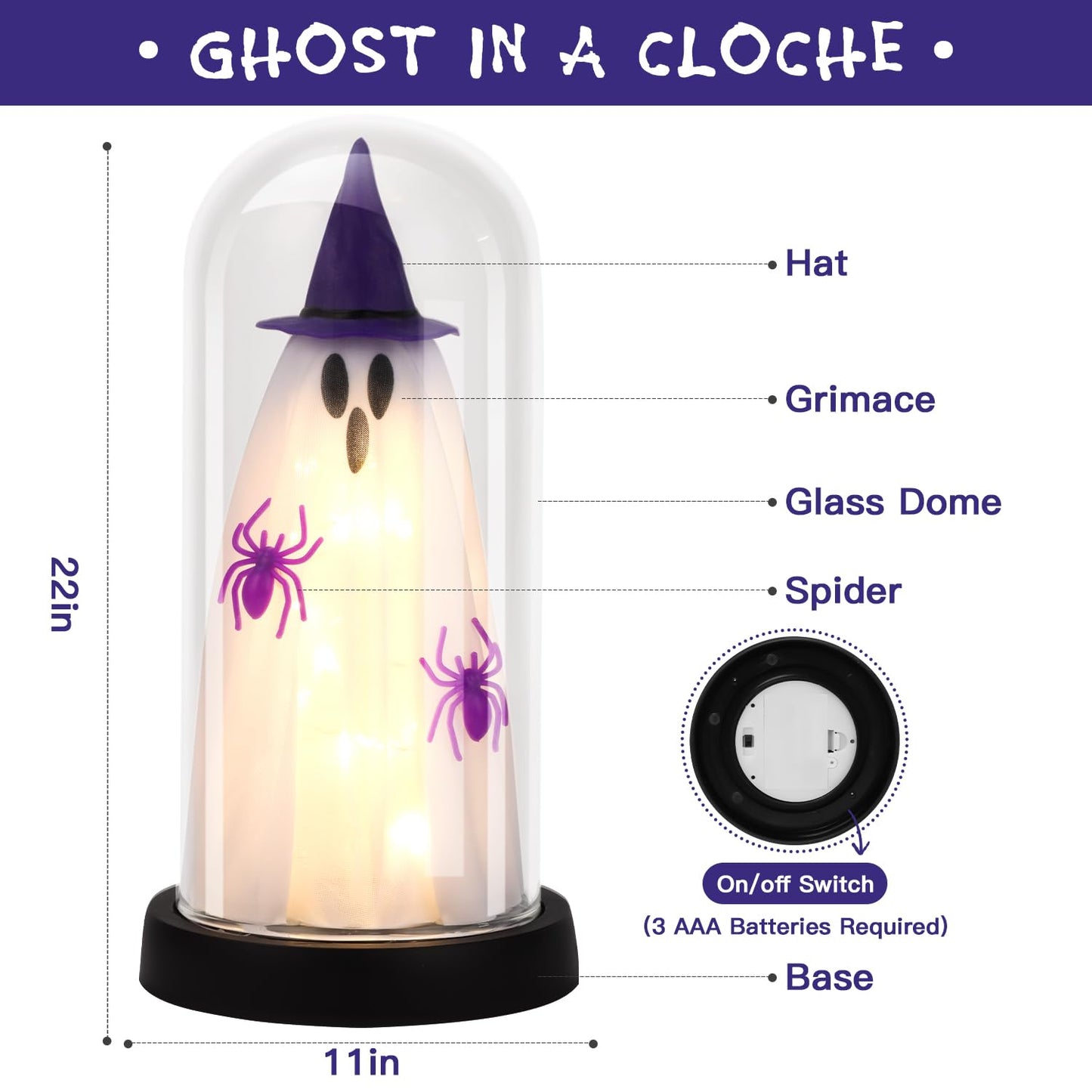 Halloween Decor-Halloween Decorations Indoor-Light Up Ghost in Glass Cloche-Cute Ghost with Light for Home Kitchen Mantel Tabletop Party Decor- Ghost-Purple