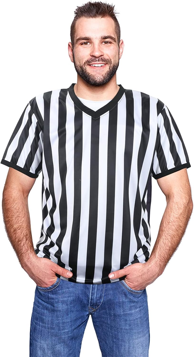 SATINIOR Men's Pro-Style Referee Shirt - Black and White Stripe Jersey with Whistle & Lanyard for Sports
