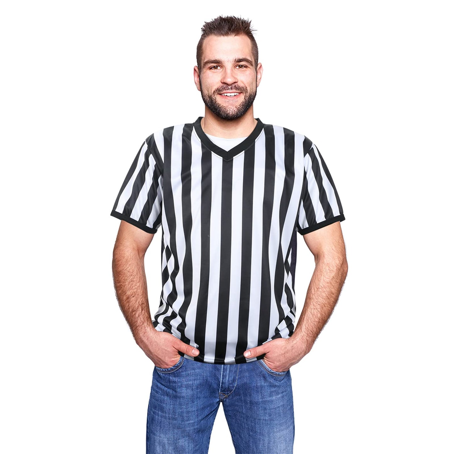 SATINIOR Referee Shirt Official Uniform Black and White Stripe V-Neck Soccer Jersey for Women Men Referee Shirt and Stainless Steel Whistle with Lanyard for Halloween Basketball Football Soccer(XXXL)