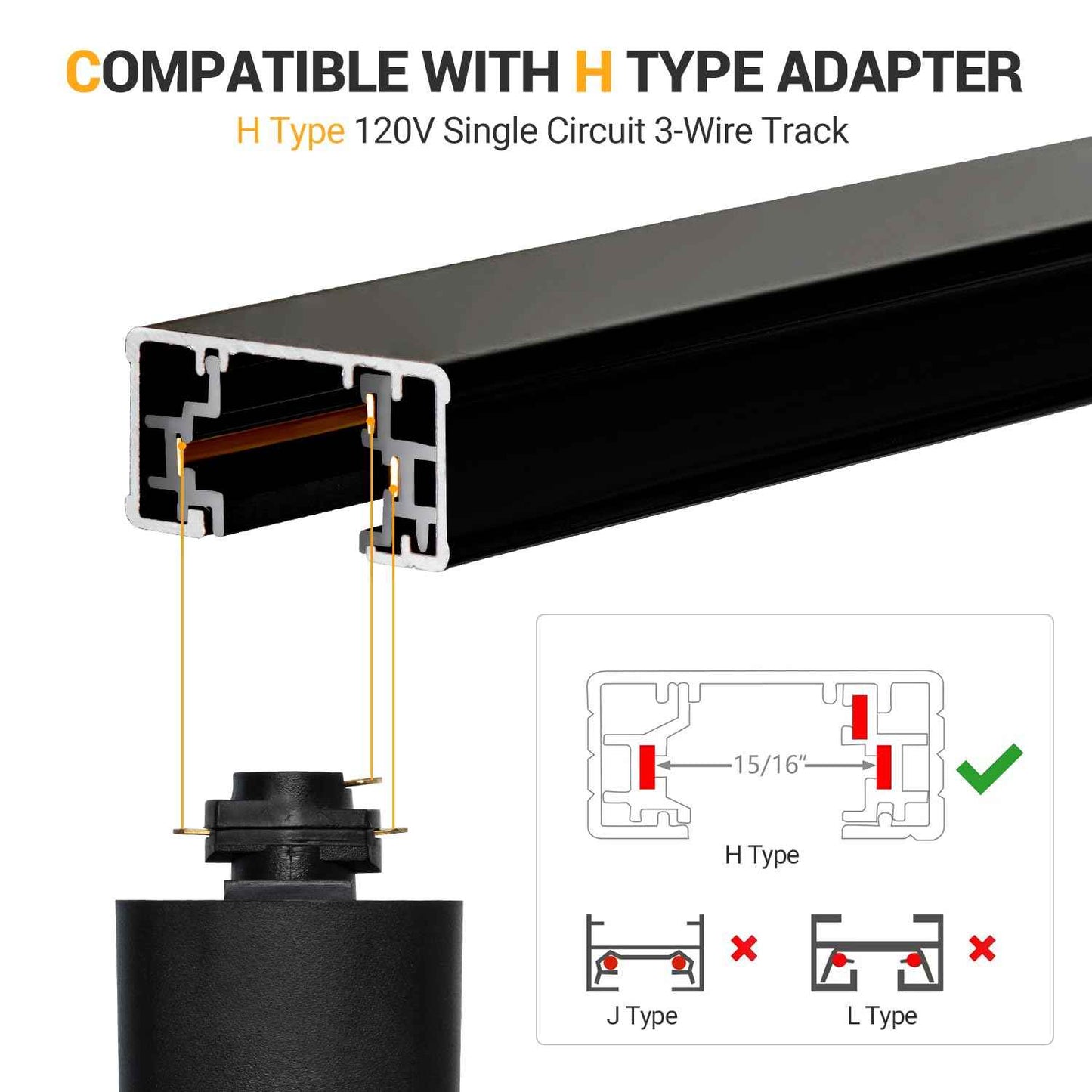VANoopee 13FT H Track Lighting Rails Black, H Type Track Lighting Kit with Floating Canopy Connector, End Caps, Live End Feeds, I T & L Connectors, Compatible with Single Circuit H Style Track System