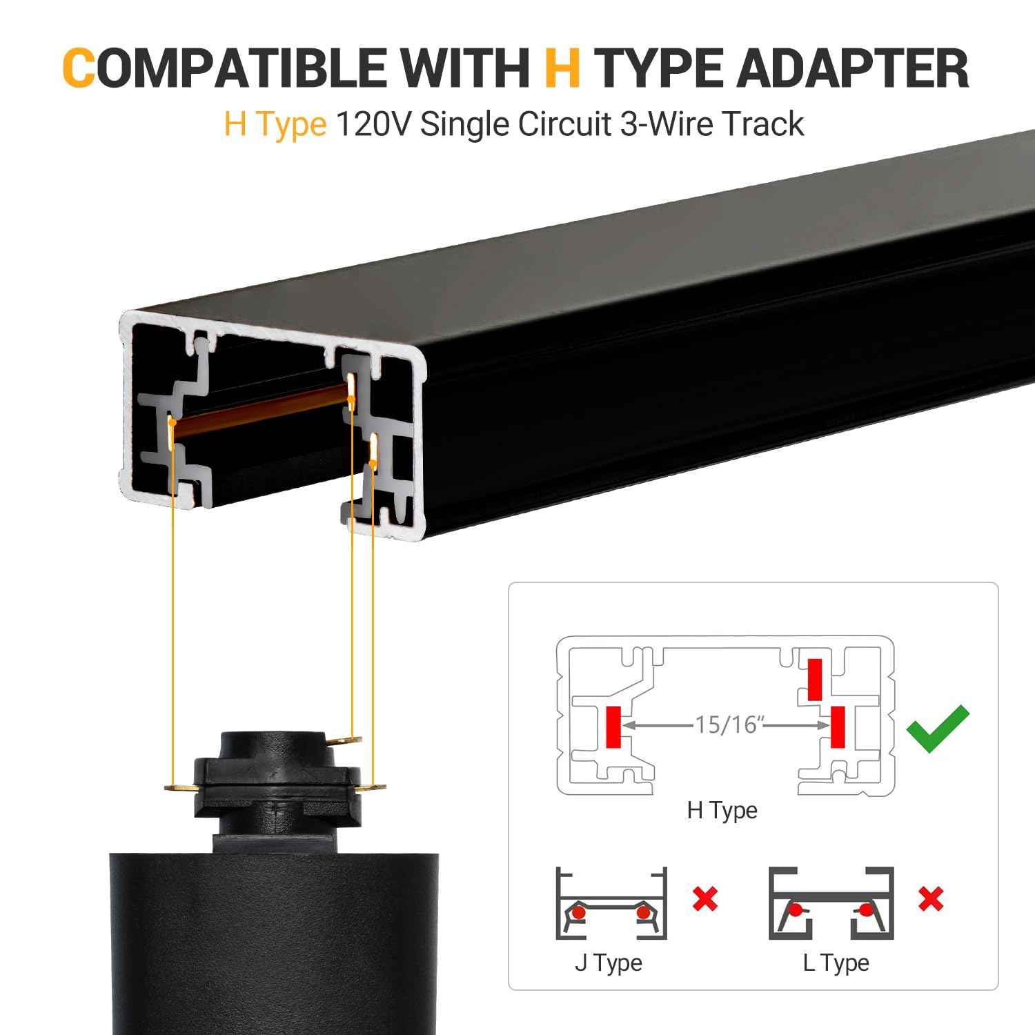 VANoopee 13FT H Track Lighting Rails Black, H Type Track Lighting Kit with Floating Canopy Connector, End Caps, Live End Feeds, I T & L Connectors, Compatible with Single Circuit H Style Track System