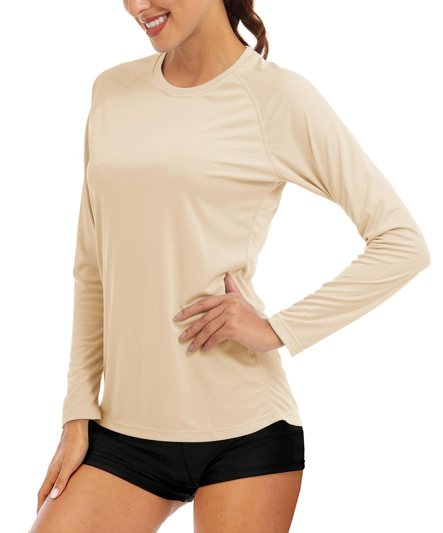 MAGCOMSEN T Shirts for Women Long Sleeve Shirts Rash Guard Shirts Summer Tops for Women UV Shirts Fishing Shirts Top Tee Workout Shirts for Women Light Apricot