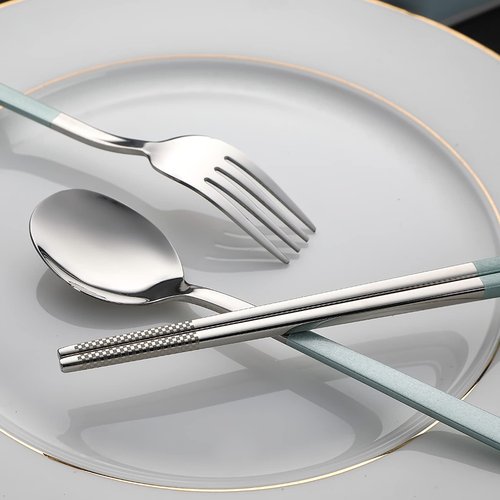 DEVICO Travel Utensils, 18/8 Stainless Steel 4pcs Cutlery Set Portable Camp Reusable Flatware Silverware, Include Fork Spoon Chopsticks with Case (Light Green)