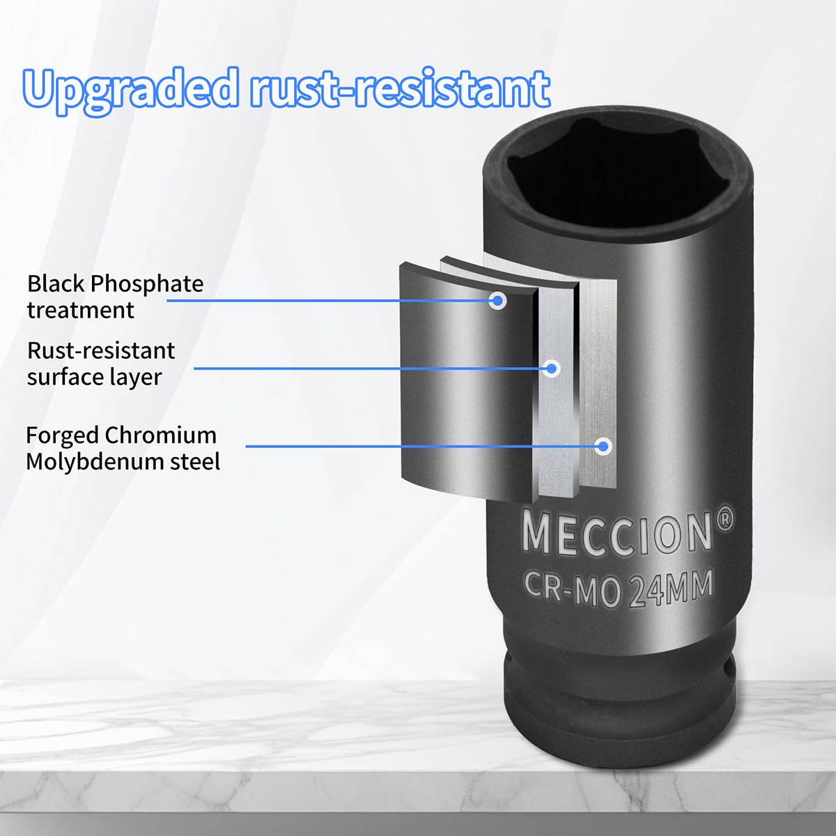 Meccion 1/2 Inch Drive Impact Socket 7/8 inch SAE, 6 Point Cr-Mo Deep Impact Socket, 78mm Length