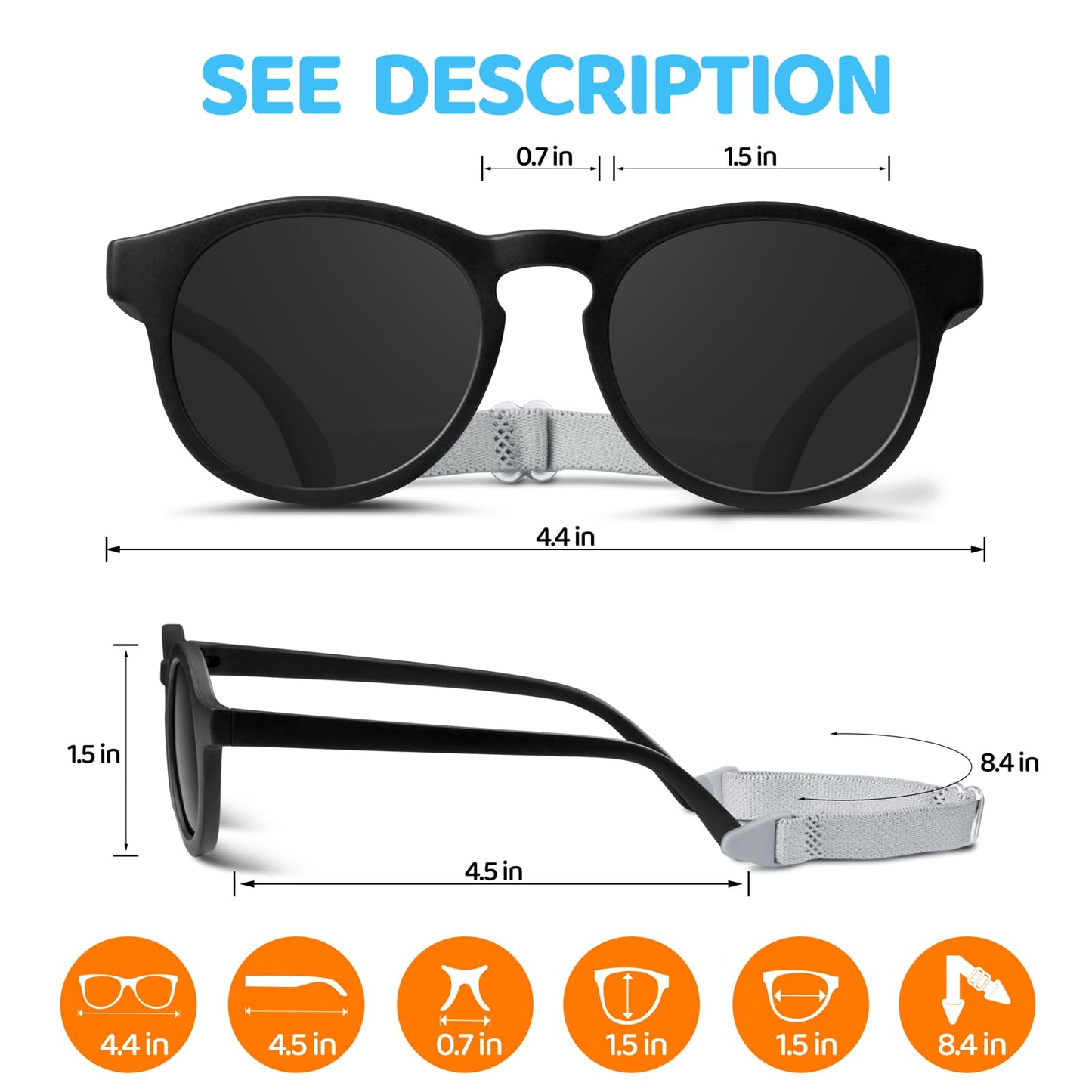 RIVBOS Baby Wrap Polarized UV400 Sunglasses Soft Frame with Secure Strap for Toddler,Infant and Newborn (0-18 Months) Black&Ice Green Lens RBK070