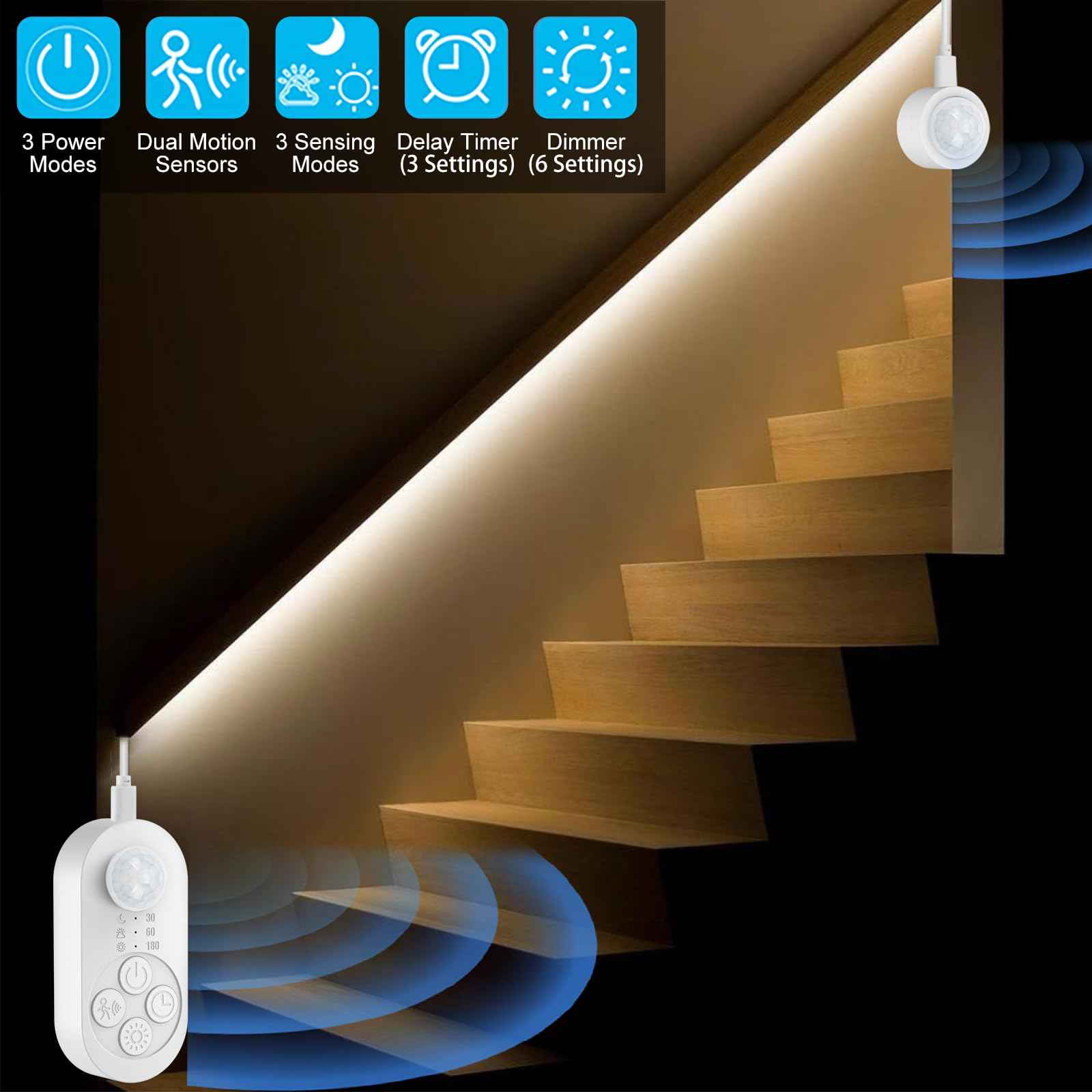 Dual Motion Sensor Light Indoor - Plug-in Motion Activated Step Stair LED Strip with Double Sensors, Dimmer and Timer for Stairway, Bedroom, Corridor (Warm White 3000K 16.4FT Light Strip)