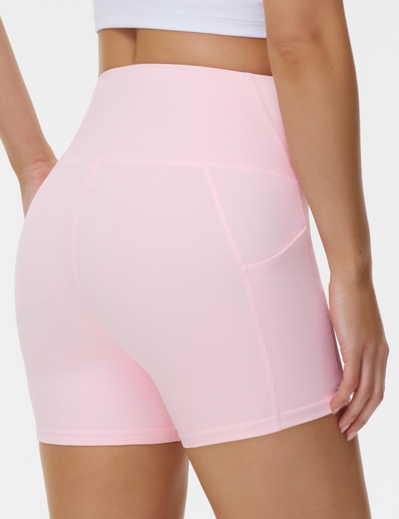 THE GYM PEOPLE Women's High Waist Workout Shorts Stretchy Tummy Control Yoga Biker Running Shorts with Pockets Light Pink