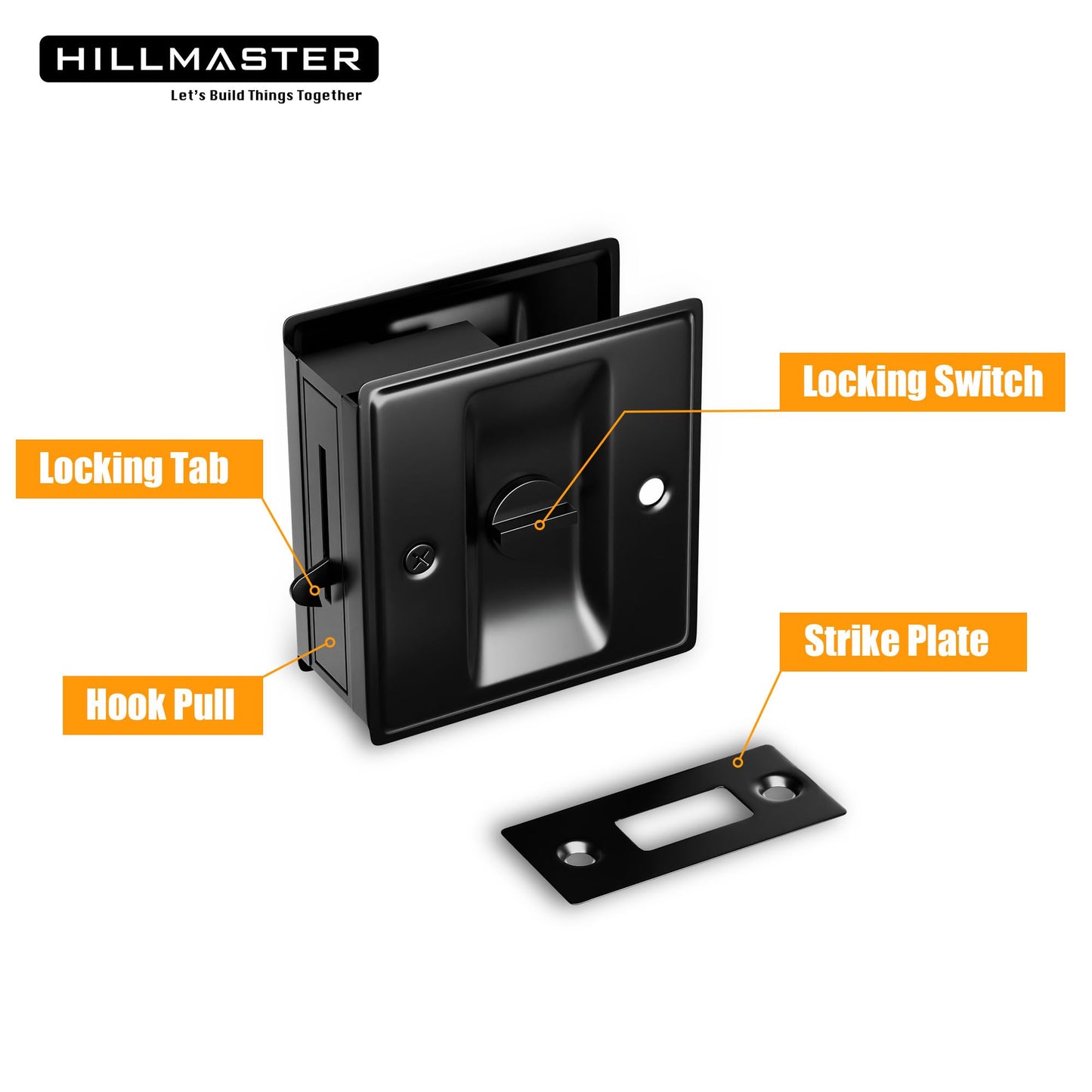 HILLMASTER Pocket Door Hardware, Matte Black Solid Brass Pocket Door Lock Pull, 1-3/8' Thickness, Black, 1 Pack