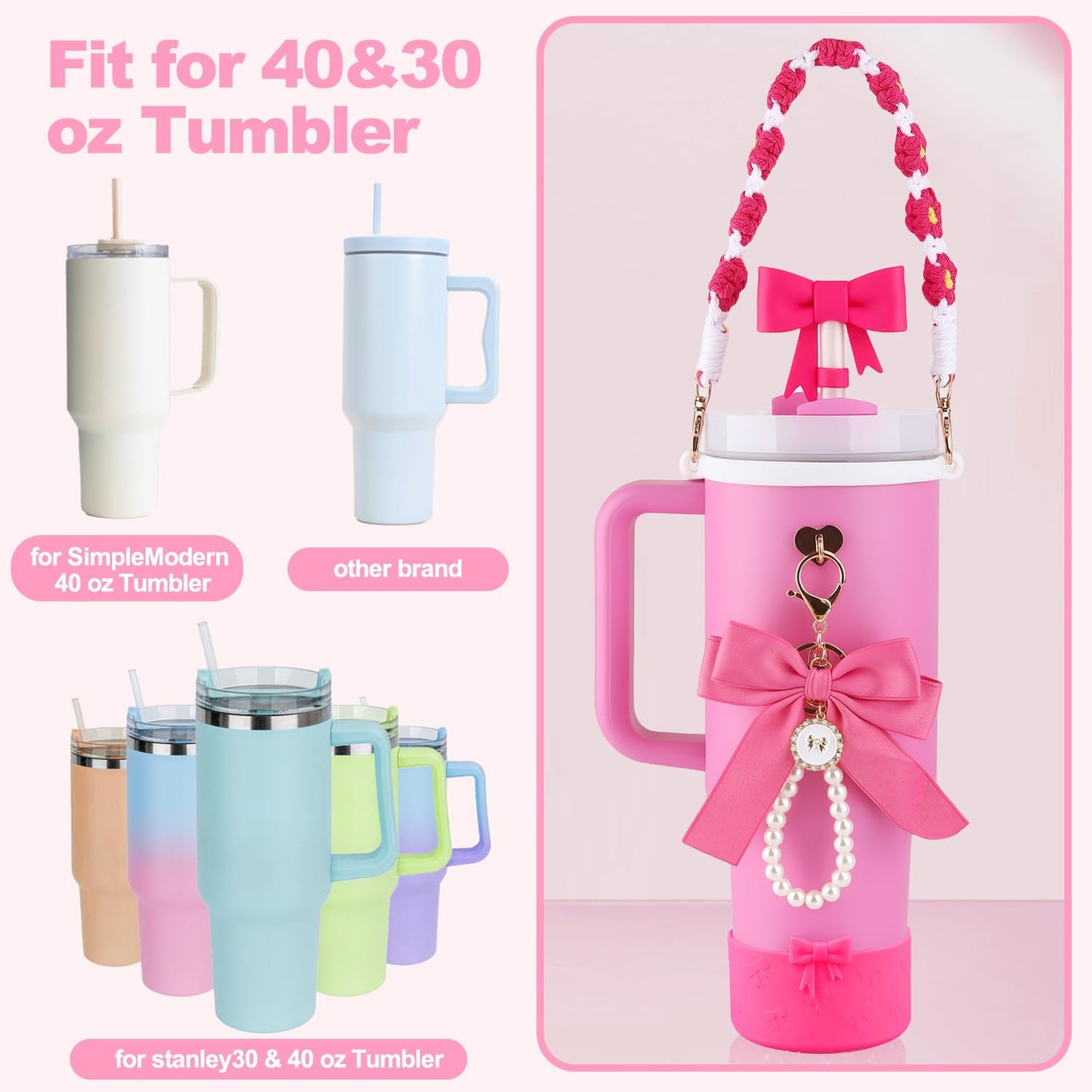 Wututir Stanley Cup Accessories Set,40oz & 30oz Tumbler Accessories Including Bow 0.4in Straw Topper Cover,2.95in Silicone Bling Boot,Bow Charms,Water Bottle Handle Strap for Women Gift (Dark Rose)